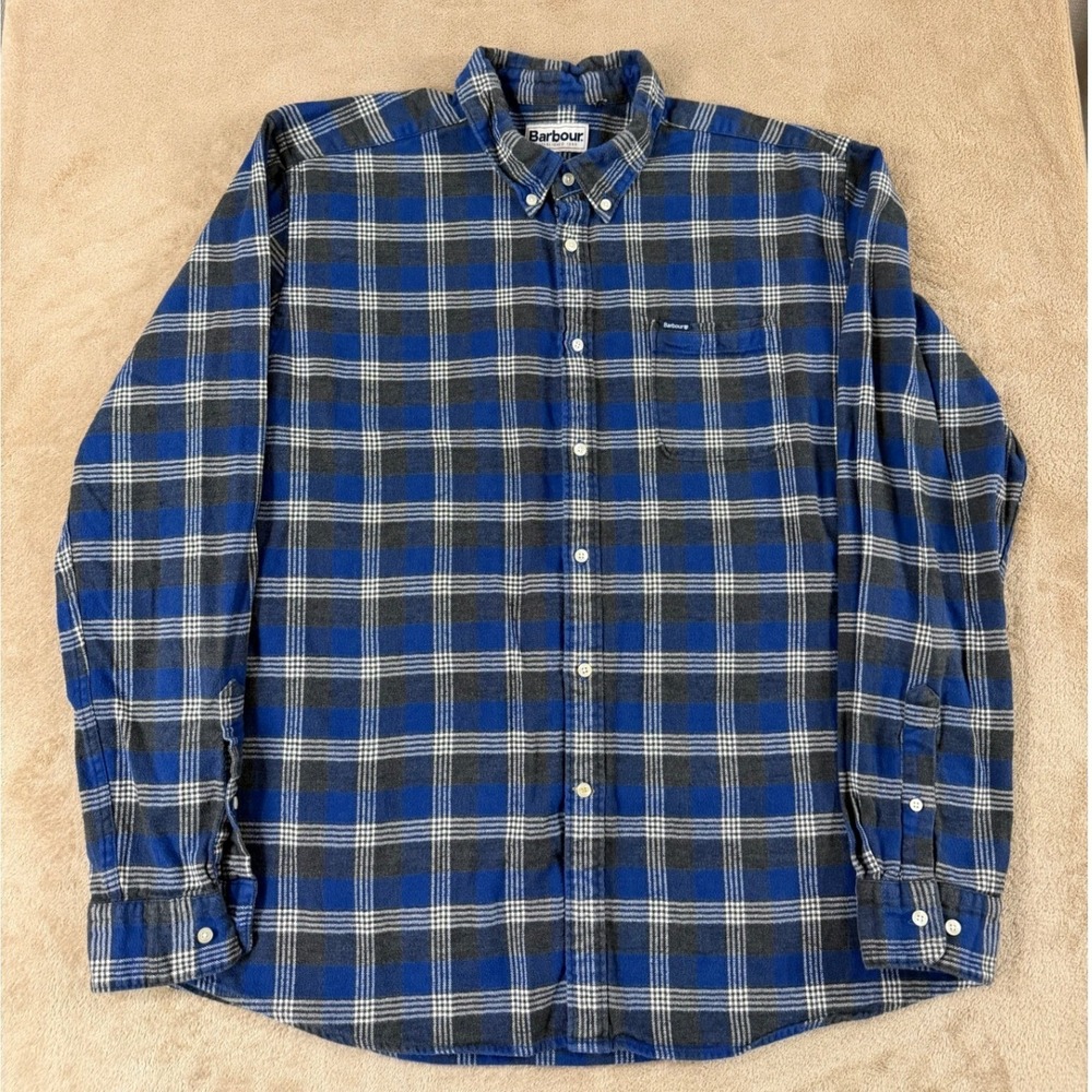 Barbour Tailored Fit Shirt Men Size 2XL Blue Plaid Flannel Shirt Button Down EUC